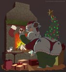 2023 anthro artist_name bent_over biped blue_body breasts butt christmas clothed clothing detailed_background eating eating_food female firelight fireplace generation_1_pokemon gift goolee holidays looking_at_viewer looking_back looking_back_at_viewer nidoqueen nintendo partially_visible_vulva pokemon pokemon_(species) raised_tail solo tail text url