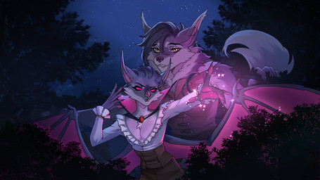 anthro bat_ears bat_wings behind_another big_ears big_tail bottomwear bracelet cheek_tuft claws clothing detailed_background dramatic_lighting duo ear_tuft facial_tuft fangs female fluffy fluffy_tail forest frilly frilly_clothing fur gem glowing glowing_eyes grey_body grey_fur hair jewelry leather leather_bottomwear leather_clothing leather_pants light looking_at_viewer magic magic_user male male/female membrane_(anatomy) membranous_wings moonlight neck_tuft necklace night pants pink_eyes plant protective shirt size_difference sky smaller_male smile sparkles standing star tail teeth topwear tree tuft vest wings yellow_eyes lorliz dungeons_and_furries furlough_games mythology oleg_(furlough_games) sangrae_(furlough_games) bat canid canine canis leaf-nosed_bat mammal microbat mythological_canine mythological_creature vampire vampire_bat werecanid werecanine werecreature werewolf wolf yangochiropteran 16:9 digital_drawing_(artwork) digital_media_(artwork) hi_res shaded soft_shading widescreen