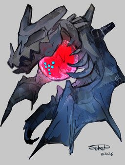 ambiguous_gender armless black_body fangs feral floating front_view glowing grey_background hollow_eyes legless nose_spike orb red_body rib_cage simple_background solo stone_body tail tapering_tail teeth wings monsterofsukep nintendo pokemon generation_8_pokemon legendary_pokemon pokemon_(species) regidrago absurd_res hi_res