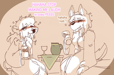 alcohol anthro beverage clothed clothing container cup dialogue drinking_glass duo female glass glass_container glass_cup laugh wine wine_glass catjamn samsara_(catjamn) yan_(character) canid canine canis deer jackal mammal