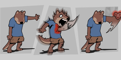 anthro barefoot black_nose blood blue_clothing blue_shirt blue_topwear bodily_fluids bottomwear brown_body brown_fur clothing empty_eyes facial_hair feet fur goatee heart_symbol khaki_shorts male motion_blur otter_tail pain pockets shadow shirt shorts solo tail tan_body tan_fur teeth topwear video_game_reference alexyz_kun deltarune echo_(game) echo_(series) echo_project undertale_(series) chase_hunter mammal mustelid otter absurd_res comic hi_res sequence