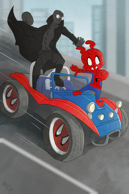action_scene anthro biped black_boots black_clothing black_coat black_footwear black_topwear blue_clothing blue_skinsuit boots bottomwear clothed clothing coat driving_car duo footwear grey_bottomwear grey_clothing grey_pants grey_skinsuit hat headgear headwear holding_clothing holding_hat holding_headgear holding_headwear holding_object male outside pants red_clothing red_skinsuit shoes skinsuit standing tight_clothing toony topwear fuf marvel spider-man:_spider-verse spider-man_(series) spider-ham_(character) spider-man_noir domestic_pig human mammal suid suine sus_(pig) 2019 2:3 hi_res
