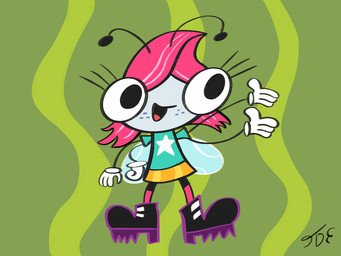 antennae_(anatomy) anthro big_eyes blue_clothing blue_shirt blue_topwear boots bottomwear clothing eyebrows female footwear freckled_face freckles gloves green_background grey_face hair handwear happy insect_wings markings orange_bottomwear orange_clothing orange_skirt pink_clothing pink_footwear pink_hair pink_socks purple_boots purple_clothing purple_footwear red_tongue shirt shoes simple_background skirt socks solo star_(marking) t-shirt tongue topwear white_clothing white_gloves white_handwear wings jackdevilinemerick disney the_buzz_on_maggie maggie_pesky arthropod fly_(animal) insect 2023 4:3