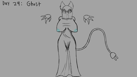 bedsheet_ghost clothing female floating_hands ghost_costume glowing glowing_nipples nipples nipples_visible_through_clothing solo tail translucent translucent_clothing skinnerthehammer deltarune kinktober kinktober_2025 undertale_(series) tasque_manager darkner humanoid 16:9 2025 hi_res widescreen