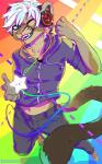 anthro clothed clothing electronics fur hair headphones looking_at_viewer male smile solo grungecandy felid mammal