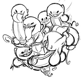 anus balls big_balls big_penis blush bodily_fluids cum erection frottage genital_fluids genitals ghost_sex group huge_penis male penile penis penises_touching precum sex smile teeth tongue tongue_out trashdrawy mario_bros nintendo boo_(mario) ghost spirit black_and_white monochrome