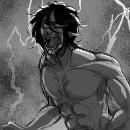 black_hair clothed clothing electricity glowing glowing_eyes green_eyes hair humanoid_pointy_ears lightning male pointy_ears roaring solo topless topless_humanoid topless_male silveyytm attack_on_titan eren_jaeger humanoid titan_(attack_on_titan) 1:1 2020 monochrome