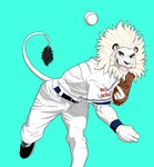 anthro ball baseball_(ball) baseball_glove baseball_uniform belt blue_background bottomwear clothing footwear fur male mascot open_mouth plantigrade shoes simple_background solo sportswear throwing throwing_object topwear uniform white_body white_bottomwear white_clothing white_fur white_topwear iroh_art nippon_professional_baseball saitama_seibu_lions leo_(saitama_seibu_lions) felid lion mammal pantherine 2022 absurd_res hi_res