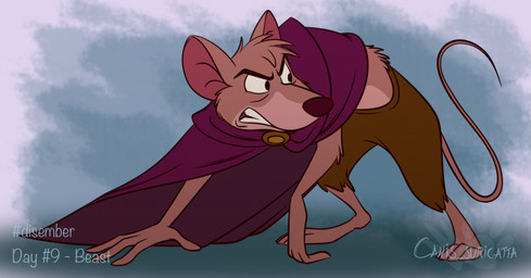 all_fours angry anthro bottomwear cape clenched_teeth clothing crouching fur male pants raised_tail solo tail teeth text torn_bottomwear torn_clothing atimon beauty_and_the_beast disney the_great_mouse_detective basil_(disney) beast_(disney) mammal mouse murid murine rodent 2023 signature