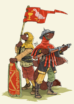 anthro armor boots brown_body brown_fur clothing duo flag flag_(object) flagpole footwear fur gun headgear helmet holding_flag holding_gun holding_object holding_ranged_weapon holding_shield holding_weapon looking_aside looking_at_viewer male male/male medieval medieval_armor medieval_clothing medieval_shield military ranged_weapon shield shoes smile smiling_at_viewer soldier tail warrior weapon wearing_helmet mawkvlt isaac_(tormentoryarvin) hi_res