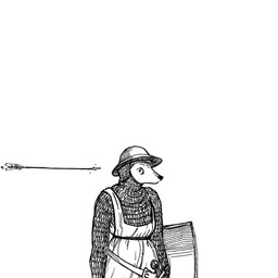 anthro armor arrow_(weapon) belt chainmail clothed clothed_anthro clothed_female clothing female fully_clothed fully_clothed_anthro fully_clothed_female imminent_pain kettle_helmet medieval_armor melee_weapon ranged_weapon shield solo standing sword weapon mia_cain vesna_(mia_cain) canid canine canis mammal wolf 1:1 hatching_(art) hi_res monochrome shaded