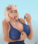 2021 5_fingers absurd_res anthro artist_name big_breasts blonde_hair blue_bottomwear blue_clothing blue_dress blue_pants blush bottomwear bracelet breasts cleavage clothed clothing colored digit_ring digital_drawing_(artwork) digital_media_(artwork) dress duo equid equine eyewear female finger_ring fingernails fingers fur glasses hair hi_res holding_character horse human jewelry larger_anthro larger_female licking licking_lips lips lipstick long_hair macro makeup male mammal mature_female micro micro_in_hand nails necklace pants pinched pink_lips pink_lipstick purple_eyes red_clothing red_shirt red_topwear ring shirt signature simple_background size_difference smaller_human smaller_male tan_body tan_fur taylornoir tongue tongue_out topwear victoria_(bobjone123)