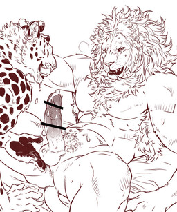 abs anthro armpit_hair balls bed biceps bodily_fluids body_hair breath censor_bar cum cum_in_mouth cum_inside duo ear_piercing ear_ring erection fur furniture genital_fluids genitals hair hand_on_balls headpat humanoid_genitalia humanoid_penis ineffective_censorship leaking_cum licking licking_lips licking_own_lips male male/male mane muscular muscular_anthro muscular_male nude on_bed open_mouth panting pawpads pecs penile penis piercing pubes ring_piercing saliva simple_background smile sweat tail teeth tongue tongue_out touching_head vein veiny_penis white_background nagewa00 felid leopard lion mammal pantherine 5:6 censored hi_res monochrome sketch