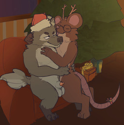 animal_genitalia animal_penis anthro armchair canine_genitalia canine_penis chair christmas_clothing christmas_headwear clothing duo eyewear fake_antlers fake_horns furniture genitals glasses hat headgear headwear holding_each_other holding_waist holidays male male/male penis santa_hat tail rhymeofstrophe christmas canid canine canis mammal murid murine rat rodent wolf hi_res