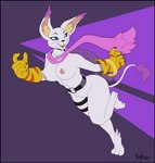 5_fingers anthro areola blue_eyes breasts clothing featureless_crotch female fingers fur gloves handwear legband nipples open_mouth purple_body purple_fur ribbons scarf solo thighband whiskers white_body white_fur greasymojo bandai_namco digimon neogatomon_(rintherat) angewomon digimon_(species) gatomon hybrid 2023 absurd_res full-length_portrait hi_res portrait signature