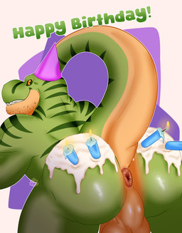 anthro anus balls big_muscles birthday bodily_fluids body_hair butt candle clothing foreskin genital_fluids genitals green_body hat headgear headwear humanoid_genitalia humanoid_penis looking_at_viewer male male_focus muscular muscular_anthro muscular_male nipples nude_anthro nude_male party_hat penis presenting presenting_anus presenting_hindquarters simple_background smile solo stubble tail teeth text thick_tail yellow_sclera ben_d_koopa benediktus_(artist) jace_(darknaig) dinosaur prehistoric_species reptile saurischian scalie theropod tyrannosaurid tyrannosauroid tyrannosaurus tyrannosaurus_rex 2026 absurd_res digital_drawing_(artwork) digital_media_(artwork) english_text hi_res shaded simple_shading watermark