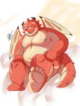 anthro belly blep blue_eyes blush hot_spring male moobs nipples one_eye_closed overweight overweight_male red_body sitting solo tail tongue tongue_out water wings wink tengzai05 mythology tamacolle oumi_(tamacolle) dragon mythological_creature mythological_scalie scalie hi_res