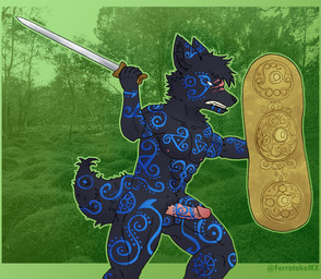 anthro balls black_body black_fur black_nose bodypaint casual_nudity celtic cheek_tuft collarbone erection facial_scar facial_tuft fangs fur genitals growling inner_ear_fluff male medieval melee_weapon nipples nude nude_male pecs penis scar shield solo sword teeth tribal tuft warrior weapon efradraws canid canine canis mammal wolf absurd_res halftone hi_res huge_filesize
