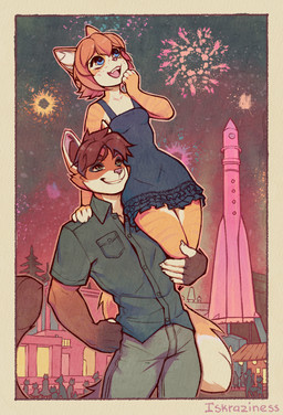 anthro biped bottomwear breasts clothed clothed_anthro clothed_female clothed_male clothing duo female fingers freckles fully_clothed fully_clothed_anthro fully_clothed_female fully_clothed_male fur hair male outside smile teeth tongue topwear iskra konrad_zengel vera_(iskra) domestic_cat felid feline felis mammal 2025 digital_drawing_(artwork) digital_media_(artwork) hi_res