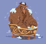 bathing bathtub beard blue_eyes bubble bubble_bath claw_foot_bathtub claws facial_hair fangs horn male nipples nude pecs rubber_duck solo suds teeth water ginkko beauty_and_the_beast disney beast_(disney) mammal monster absurd_res hi_res