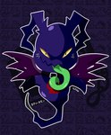 ambiguous_gender antennae_(anatomy) belt black_eyes blue_body blue_skin green_tongue looking_at_viewer markings sewn_mouth skull_(marking) solo text tongue tongue_out wings yellow_sclera zigzag_mouth yafusa bandai_namco digimon digimon_ghost_game cthyllamon digimon_(species) absurd_res hi_res japanese_text
