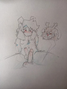 anthro anthro_on_anthro antlers arm_support balls blush blush_lines brown_hair buckteeth duo erection floppy_ears foreskin genitals gynomorph gynomorph/male hair half-closed_eyes head_tuft horn humanoid_genitalia humanoid_penis intersex intersex/male leaning leaning_backward looking_at_genitalia looking_at_penis looking_down lop_ears male mostly_offscreen_character narrowed_eyes penis penis_size_difference red_eyes red_nose sitting sitting_on_ground teeth tuft wide_eyed arino deltarune undertale undertale_(series) asriel_dreemurr dess_holiday bovid caprine deer goat mammal 3:4 sketch spot_color trans_(lore) trans_woman_(lore)
