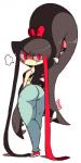 big_butt blush bottomwear butt clothing denim denim_bottomwear denim_clothing female flat_chested hair_mouth jeans looking_at_viewer looking_back not_furry pants pokemorph red_eyes ribbons sharp_teeth simple_background solo teeth tongue diives nintendo pokemon fan_character gaghiel generation_3_pokemon humanoid mawile pokemon_(species) 1:2 2018 hi_res