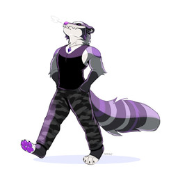 4_toes anthro arm_tuft athletic athletic_male big_tail biped black_body black_bottomwear black_cargo_pants black_claws black_clothing black_fur black_shirt black_tank_top black_topwear bone bone_mask bottomwear camo camo_bottomwear camo_clothing camo_print claws clothing ears_down elbow_tuft feet fur gem grey_body grey_fur hands_in_both_pockets highlights_(coloring) hindpaw jewelry looking_at_viewer looking_down looking_down_at_viewer male mask mouth_closed multicolored_body multicolored_fur neck_tuft necklace pattern_bottomwear pattern_clothing pawpads paws pivoted_ears pose purple_body purple_eyes purple_fur purple_gem purple_highlights purple_light purple_lighting purple_nose purple_pawpads shirt simple_background skull skull_mask smoke smoke_from_nose snout solo tail tank_top text three-quarter_view toe_claws toes topwear tuft walking white_background white_body white_fur bleydhdu noel_(raccsdatfapps) mammal procyonid raccoon 1:1 2025 absurd_res artist_name digital_drawing_(artwork) digital_media_(artwork) full-length_portrait hi_res portrait signature andromorph_(lore)