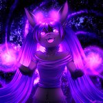 5_fingers anthro biped black_body black_ears black_fur breasts clothing crop_top fangs female fingers fur galaxy glowing glowing_hands glowing_horn hair horn long_hair magic open_mouth open_smile pigtails purple_hair shirt small_breasts smile solo teeth topwear conditional_dnp ratte lagomorph leporid mammal rabbit 1:1 2020 digital_media_(artwork) half-length_portrait hi_res portrait signature