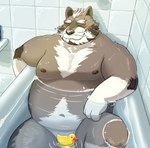 anthro bathing bathtub belly big_belly brown_body brown_fur convenient_censorship eyes_closed fur male moobs navel nipples overweight overweight_male rubber_duck sitting solo water freakinglargeoof lifewonders live_a_hero viscunam mammal procyonid raccoon 2023