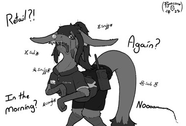 anthro bodily_fluids clothing crying eyewear feet female furgonomic_pants glasses hair long_ears name_tag onomatopoeia petal_(pyne) ponytail simple_background snot solo sound_effects tail tail_fluff talons tears text toes tongue uniform wearing_glasses pyne hybrid english_text hi_res monochrome sketch trans_(lore) trans_woman_(lore)