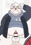 anthro balls belly blush clothing erection genitals hoodie humanoid_genitalia humanoid_penis kemono male navel overweight overweight_anthro overweight_male penis sitting solo topwear underwear ryuta-h canid canine mammal censored hi_res