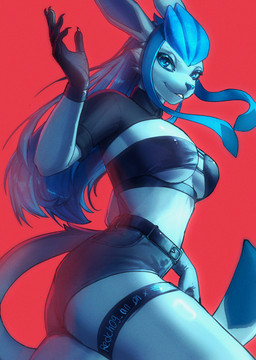 5_fingers action_pose anthro belt blue_body blue_eyes blue_hair blue_skin blue_tail bra breasts claws clothing female female_anthro finger_claws fingers gloves hair handwear humanoid_hands long_hair medium_breasts police police_uniform pose red_background simple_background solo tail underwear uniform redch09_an nintendo pokemon eeveelution generation_4_pokemon glaceon pokemon_(species) 2026 absurd_res digital_media_(artwork) hi_res
