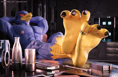 3_toes abs avian_feet beak blue_body claws digit_ring erection feet foot_focus foot_on_table furniture genitals humanoid_genitalia humanoid_penis inside jewelry looking_at_viewer male muscular nipples nude paws penis pink_nipples pink_penis ring table talons text toe_ring toes yellow_beak stormrider nintendo star_fox falco_lombardi avian bird falcon falconid 2025 3d_(artwork) absurd_res blender_(artwork) digital_media_(artwork) hi_res signature url