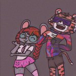 anthro bottomwear clothed clothing duo eyewear female footwear freckles fur glasses grey_body grey_skin hair male male/female nerd open_mouth orange_body orange_fur pink_clothing pink_footwear pink_socks red_hair simple_background size_difference skirt smile socks sunglasses zak898 annah_squeaks zack_(zak898) felid feline mammal mouse murid murine pantherine rodent tiger 1:1 2023 digital_media_(artwork)