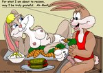 2000 anthro bedroom_eyes blonde_hair bottomless breasts brown_body brown_fur buckteeth carrot clothed clothing corn dialogue duo english_text erection female food fur furniture genitals hair joy_bunny kthanid_(artist) lagomorph leporid male male/female mammal mashed_potatoes narrowed_eyes nipples nude open_mouth penis pink_nose plant presenting presenting_pussy pussy rabbit randy_rabbit rutwell_forest seductive shirt spread_legs spreading table tank_top teeth text topwear vegetable