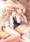 blonde_hair blue_eyes breasts cleavage clothed clothing female hair lying nightgown on_side solo tail tail_between_legs sakura_ani animal_humanoid canid canid_humanoid canine canine_humanoid fox_humanoid humanoid mammal mammal_humanoid 2020 hi_res