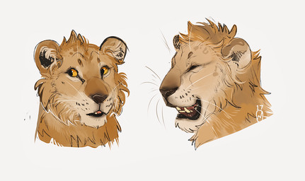 ambiguous_gender anthro duo fur open_mouth sand_fur tan_body tan_fur teeth yellow_eyes mouseandhound felid lion mammal pantherine 2017 headshot_portrait portrait signature