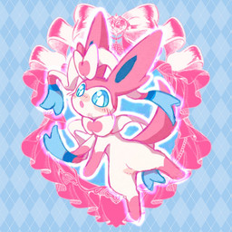ambiguous_gender blue_eyes blush blush_lines bow_(anatomy) featureless_crotch feral fur open_mouth pattern_background pink_body pink_fur ribbons ribbons_(anatomy) simple_background solo tail white_body astella1204 nintendo pokemon eeveelution generation_6_pokemon pokemon_(species) sylveon 1:1 2025 color_contrast signature