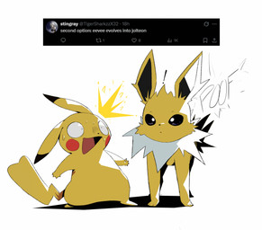 ambiguous_gender bodily_fluids duo female open_mouth simple_background surprised sweat tail text white_background yellow_body rivv nintendo pokemon eeveelution generation_1_pokemon jolteon pikachu pokemon_(species) 2026 absurd_res english_description english_text hi_res