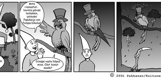 ambiguous_gender clothing duo electricity feral flower happy hat headgear headwear humor lightning male outside plant raining sad stated_virginity sun text top_hat umbrella virgin virginity_humiliation unknown_artist avian bird human mammal owl parrot 2006 comic finnish_text greyscale monochrome translated