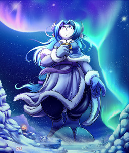 anthro aurora_(phenomenon) blue_eyes blue_hair bovid_horn caprine_horn curled_horn ear_piercing ear_ring female goat_horn hair hooves horn macro night piercing plant ring_piercing sky snow snowflake snowing solo star starry_sky tree firerai gunfire_reborn lyn_(gunfire_reborn) bovid caprine mammal sheep hi_res