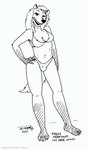 anthro bikini breasts clothed clothing fur gloves_(marking) gynomorph intersex leg_markings looking_at_viewer markings navel open_mouth open_smile smile socks_(marking) solo swimwear teeth two-piece_swimsuit tegerio ashley_heartwood canid canine canis mammal wolf 2021 black_and_white monochrome