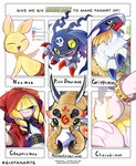 anthro blonde_hair eyes_closed female feral fur group hair hood male pink_body praying pupils slit_pupils text wings yellow_body yellow_fur youzaiyouzai112 bandai_namco digimon chaperomon cherubimon cherubimon_(good) demidevimon digimon_(species) gryphonmon humanoid neemon scorpiomon english_text hi_res