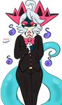 5_fingers anthro bottomwear bow_tie clothing eyewear fingers glasses grey_hair hair male pants red_eyes solo suit tail lewdchuu_(artist) nintendo pokemon dragapult generation_8_pokemon pokemon_(species) hi_res