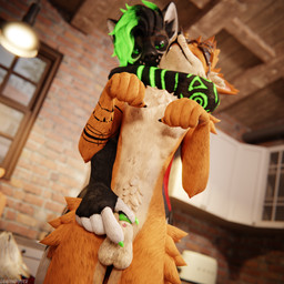 animal_genitalia animal_penis anthro anthro_on_anthro arm_around_neck balls biped black_body black_fur brown_body brown_fur canine_genitalia canine_penis claws clothing depth_of_field dominant duo fur furniture genitals green_body green_fur grey_body grey_fur hair hand_on_sheath holding_another inside kitchen knot male male/male multicolored_body nude penis reflection sheath slim slim_anthro slim_male slim_sub smile standing standing_behind submissive submissive_male tail tan_body tan_fur teasing teeth white_body white_fur dragonplayer helltouchedfox rolen canid canine canis fox mammal rexouium 1:1 3d_(artwork) absurd_res blender_(artwork) blender_cycles_(artwork) digital_media_(artwork) hi_res