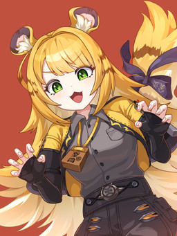 accessory animal_ears belt black_bottomwear black_clothing black_pants blonde_hair bottomwear breasts claw_pose clothed clothing collared_shirt dress_shirt fangs female fluffy_ears furgonomics green_eyes grey_dress_shirt hair jacket long_hair medium_breasts open_clothing open_jacket open_mouth open_topwear orange_background pants raised_tail ribbons shirt simple_background solo sparkles sparkling_eyes striped_hair tail tail_accessory tail_ribbon teeth topwear two_tone_tail white_hair yellow_clothing yellow_jacket_(clothing) yellow_topwear enkal00127 mihoyo zenless_zone_zero ju_fufu animal_humanoid felid felid_humanoid humanoid mammal mammal_humanoid pantherine pantherine_humanoid thiren tiger_humanoid 3:4 absurd_res hi_res