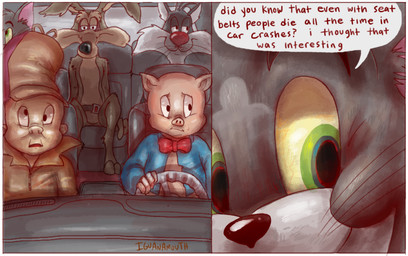 2_panel_comic ambiguous_gender anthro biped bow_tie clothed clothed_anthro clothed_human clothing cross-eyed dialogue driving featureless_crotch group hat headgear headwear hunting_cap looking_aside mouth_closed nude_anthro open_mouth sitting speech_bubble text whiskers iguanamouth i_thought_that_was_interesting looney_tunes metro-goldwyn-mayer tails_gets_trolled tom_and_jerry warner_brothers elmer_fudd porky_pig sylvester_(looney_tunes) thomas_cat wile_e._coyote canid canine canis coyote domestic_cat domestic_pig felid feline felis human mammal suid suine sus_(pig) tuxedo_cat 2014 artist_name comic digital_drawing_(artwork) digital_media_(artwork) english_description english_text meme redraw male_(lore)