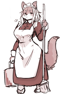 anthro apron breasts bucket cleaning_tool clothed clothing container dress female kemono maid_headdress maid_uniform mop simple_background solo uniform white_background setouchi_kurage canid canine fox mammal 2020 hi_res monochrome