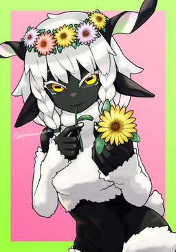 anthro black_body black_sclera braided_hair ears_down eating eating_food female flower flower_accessory flower_crown food fur hair horizontal_pupils horn looking_at_viewer offering_flower offering_food offering_to_viewer pink_background pivoted_ears plant pupils simple_background solo white_body white_fur white_hair yellow_eyes yellow_flower toipokun_oyashi bovid caprine mammal sheep hi_res